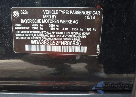 2015 BMW 328I xDrive z USA, uszkodzony, nr VIN WBA3B3G52FNR86845